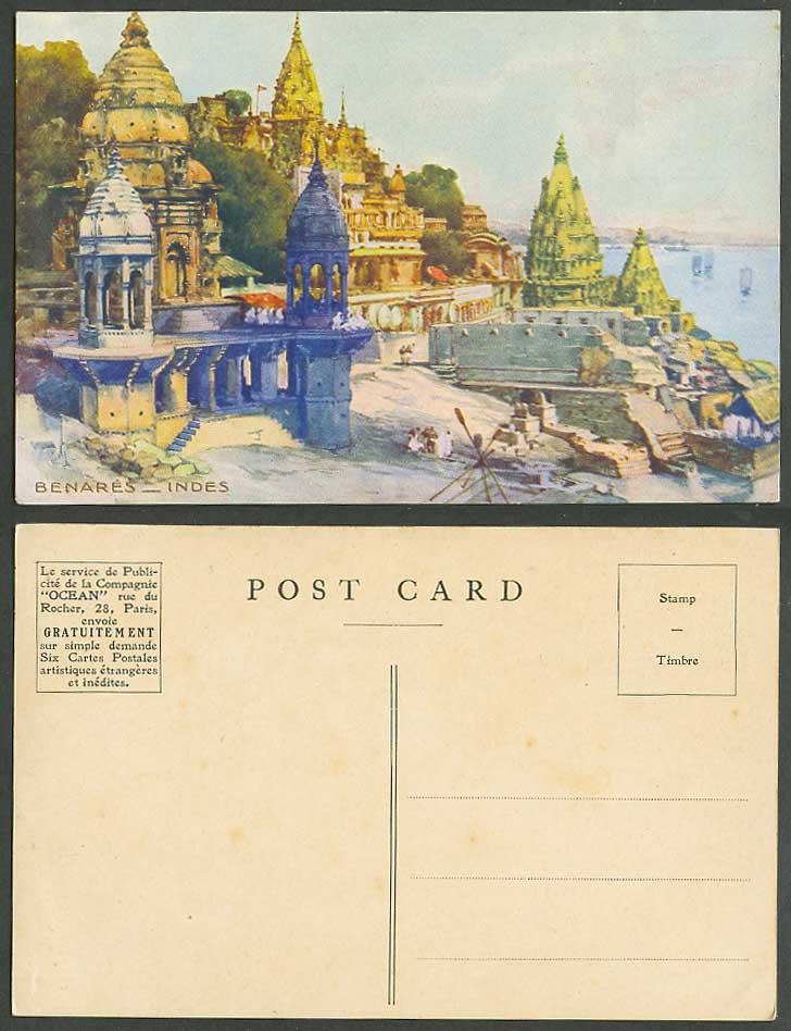 India Artist Drawn Old Postcard Benares Indes, Burning Ghat River Temples, OCEAN
