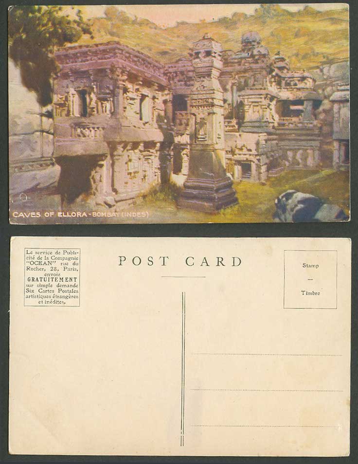 India Art Artist Drawn Old Postcard CAVES of ELLORA Bombay Indes Compagnie OCEAN