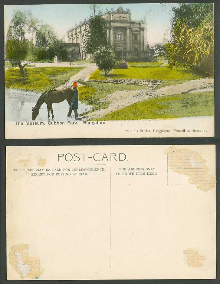 India Old Hand Tinted Postcard Museum Cubbon Park Bangalore Horse Drinking Water