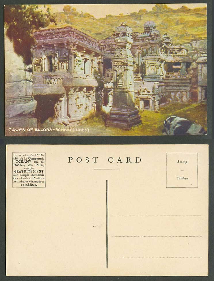 India Artist Drawn Old Postcard CAVES of ELLORA Bombay Indes Temple Ruins, OCEAN