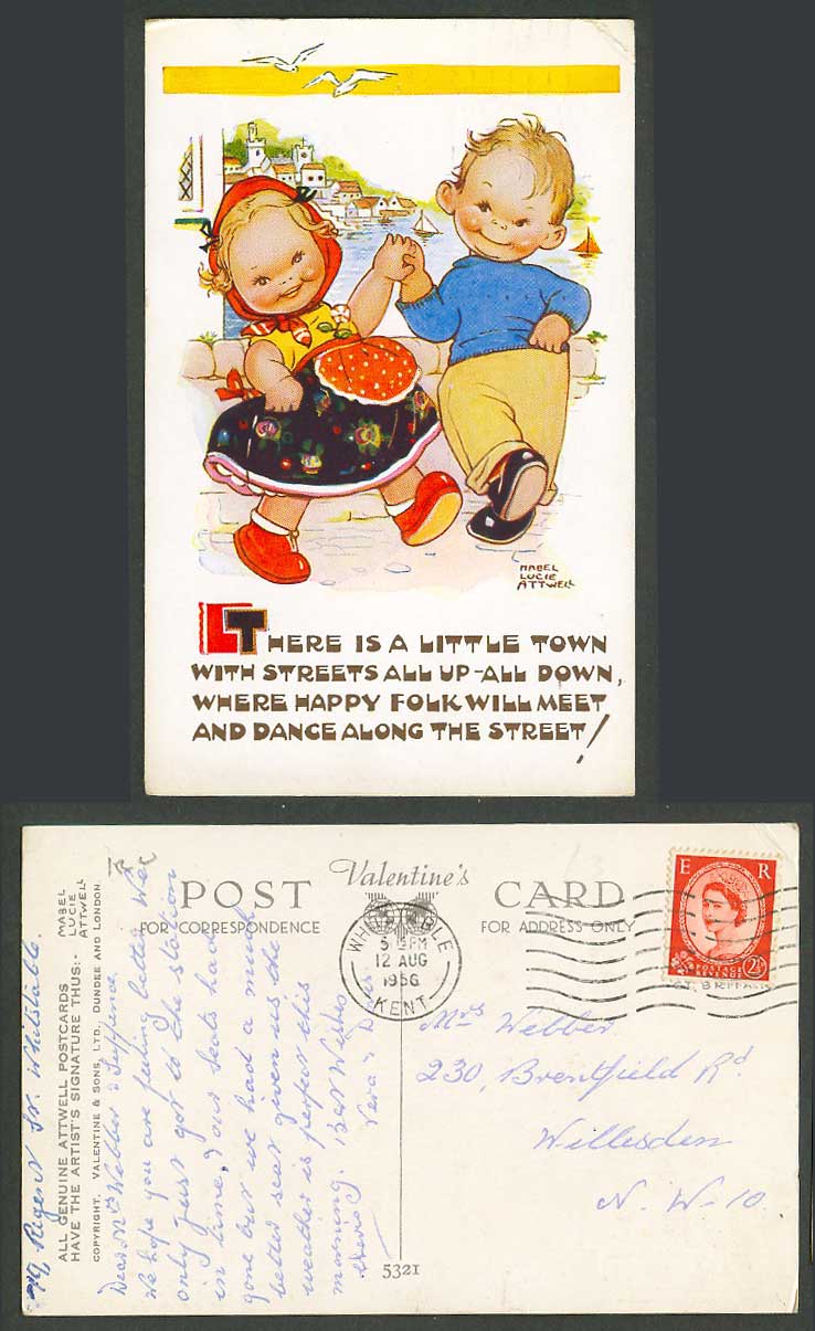 MABEL LUCIE ATTWELL 1956 Old Postcard Little Town & Happy Folk Dance Along 5321