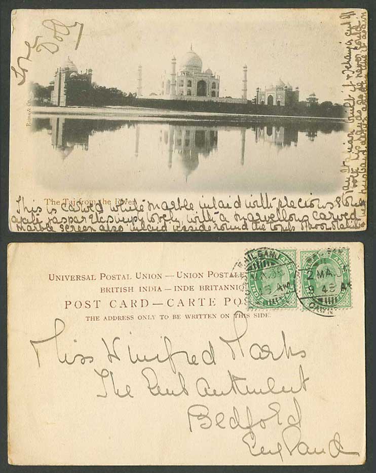 India KE7 1/2a x2 1905 Old UB Postcard The Taj Mahal from River Scene Agra