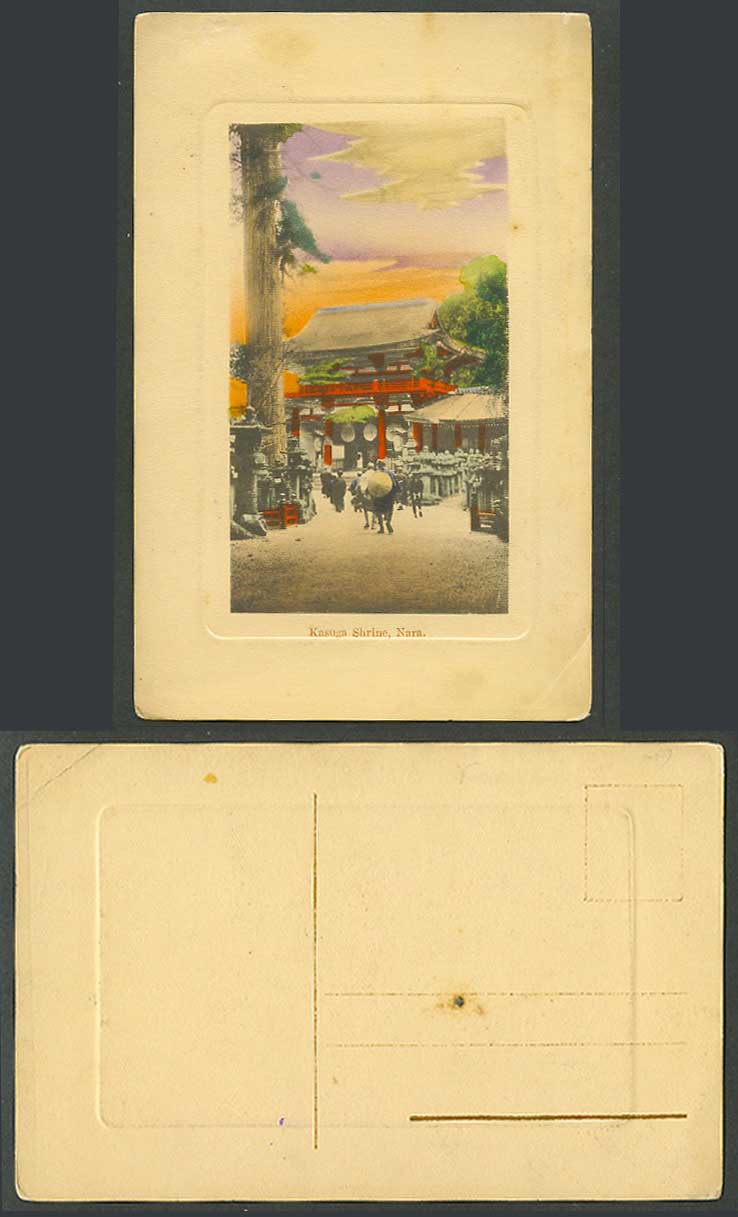 Japan Old Hand Tinted Postcard Kasuga Shrine Temple Nara Stone Lanterns 奈良春日神社樓門
