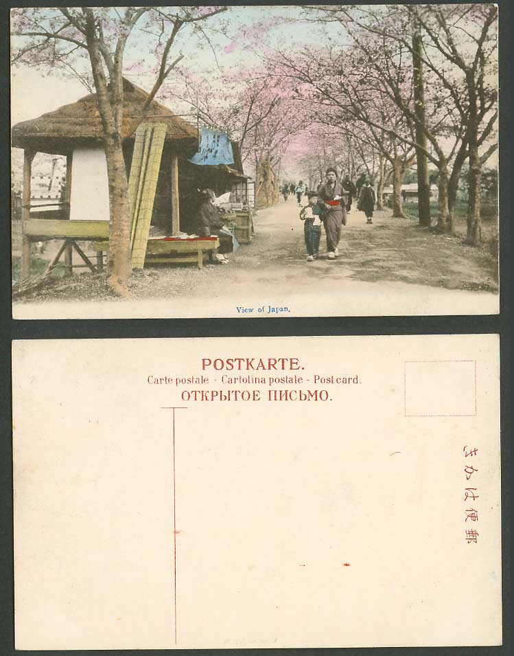Japan Old Hand Tinted Postcard Cherry Blossoms, Woman Boy Roadside Seller Vendor
