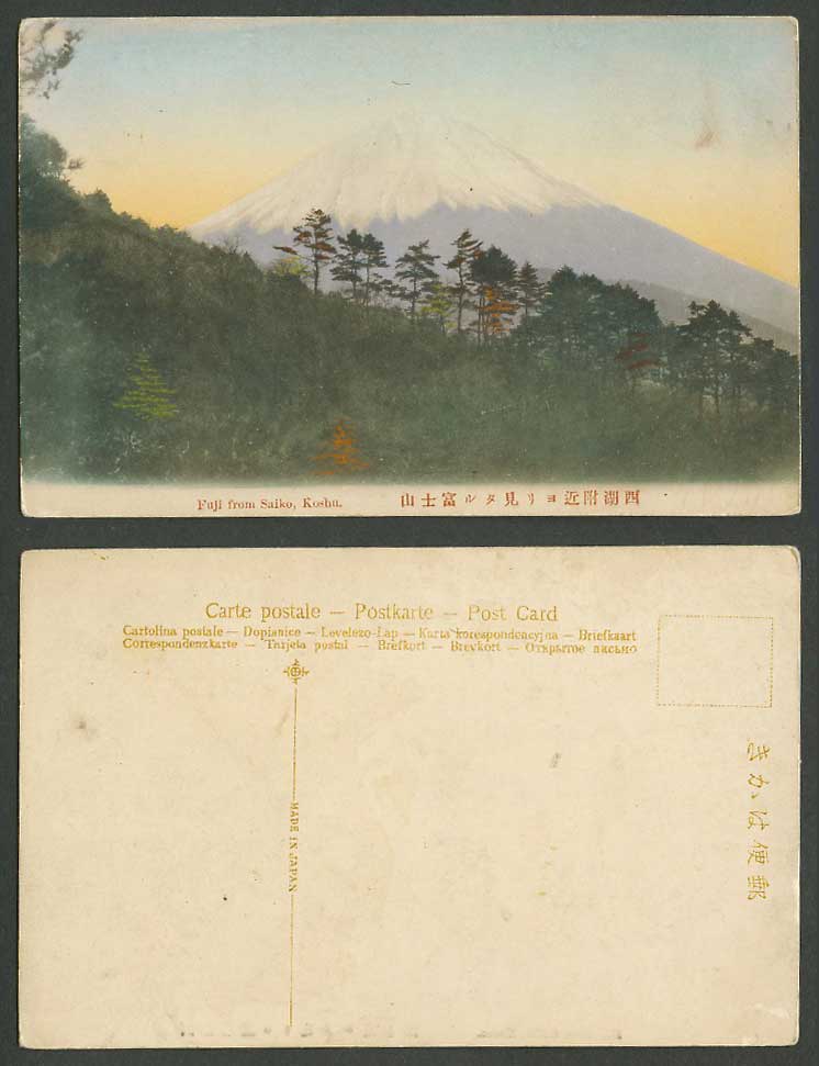 Japan Old Hand Tinted Postcard Mount Mt. Fuji Mountain from Saiko Koshu 西湖附近見富士山