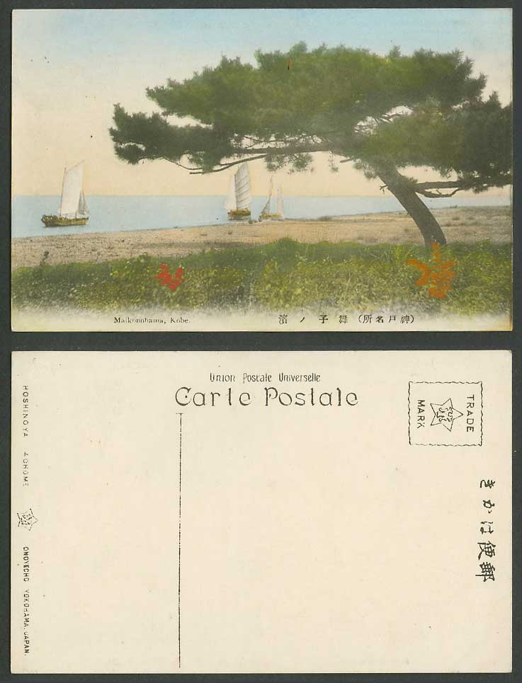 Japan Old Hand Tinted Postcard Maikonohama Kobe, Native Sailing Boats Pine 神戶舞子濱