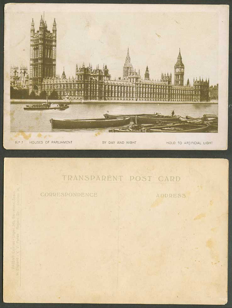 Hold To The Light, London Houses of Parliament By Day and Night Old Postcard HTL