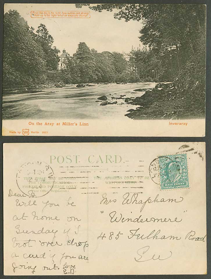 Hold to the Light Inveraray On The Aray at Miller's Linn River 1904 Old Postcard