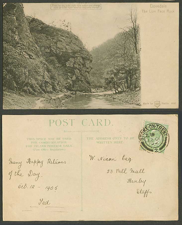Hold To The Light Dovedale The Lion Face Rock River Derbyshire 1905 Old Postcard