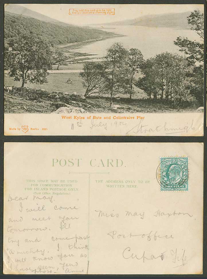 Hold to the Light West Kyles of Bute Colintraive Pier Panorama 1904 Old Postcard
