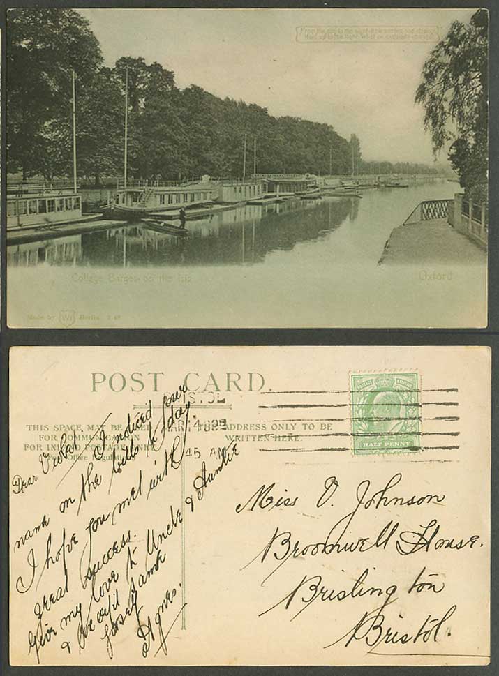 Hold To The Light, Oxford, College Barges on the Isis, Fishing 1908 Old Postcard