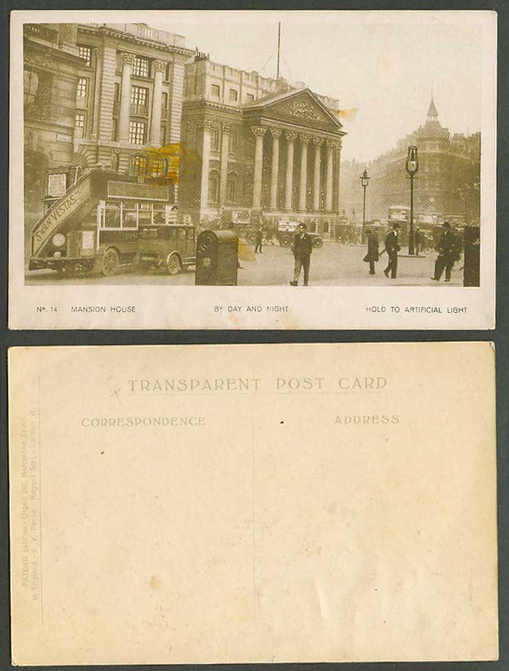 Hold To The Light London Mansion House Street View By Day and Night Old Postcard