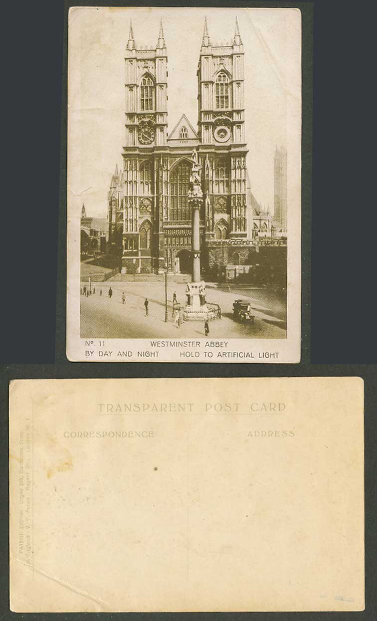 Hold To The Light London Westminster Abbey By Day & Night Old Postcard Motor Car
