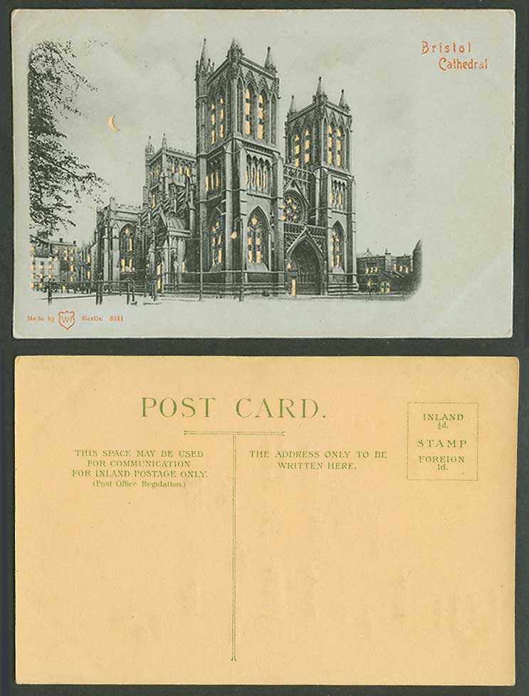 Hold to The Light Novelty, Bristol Cathedral Church, Night New Moon Old Postcard