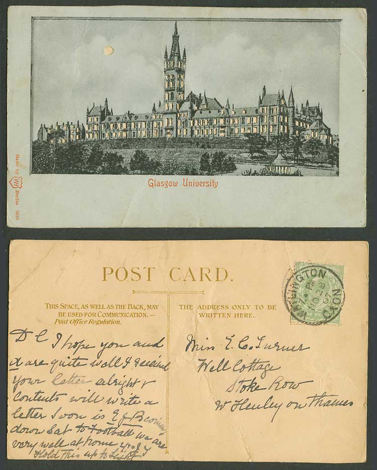 Hold to The Light Novelty, Glasgow University School Full Moon 1907 Old Postcard