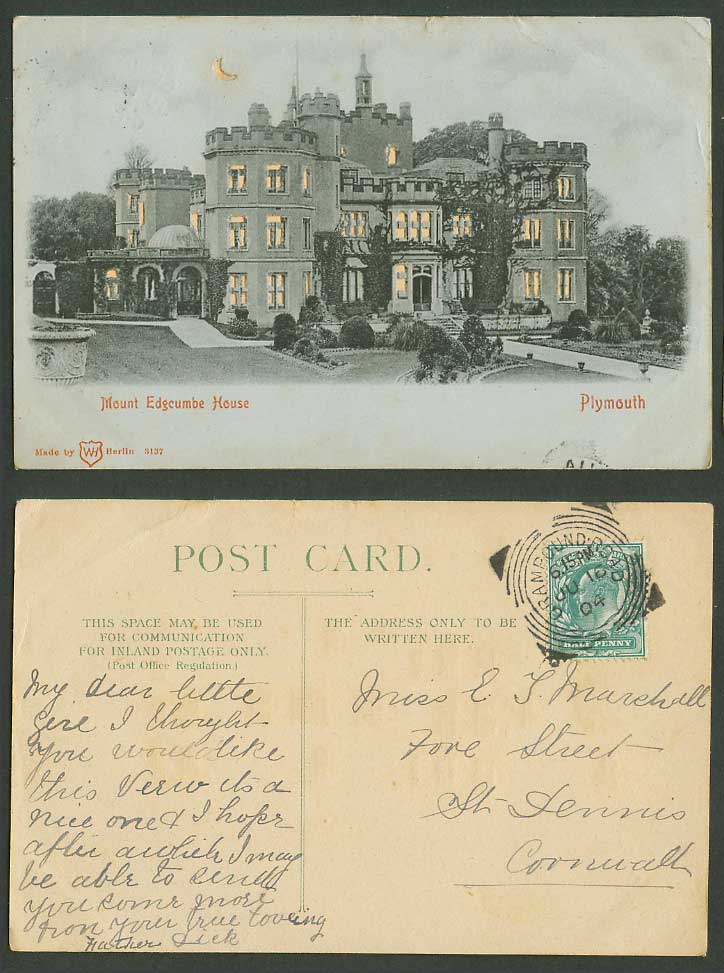 Hold to The Light, Plymouth Mount Edgeumbe House Devon Moon 1904 Old UB Postcard