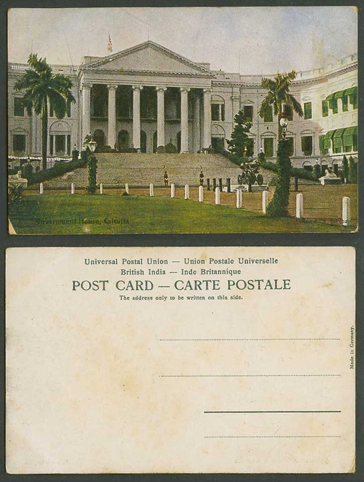 India Old Color Postcard Government House Calcutta Guards Cannon Steps Palm Tree