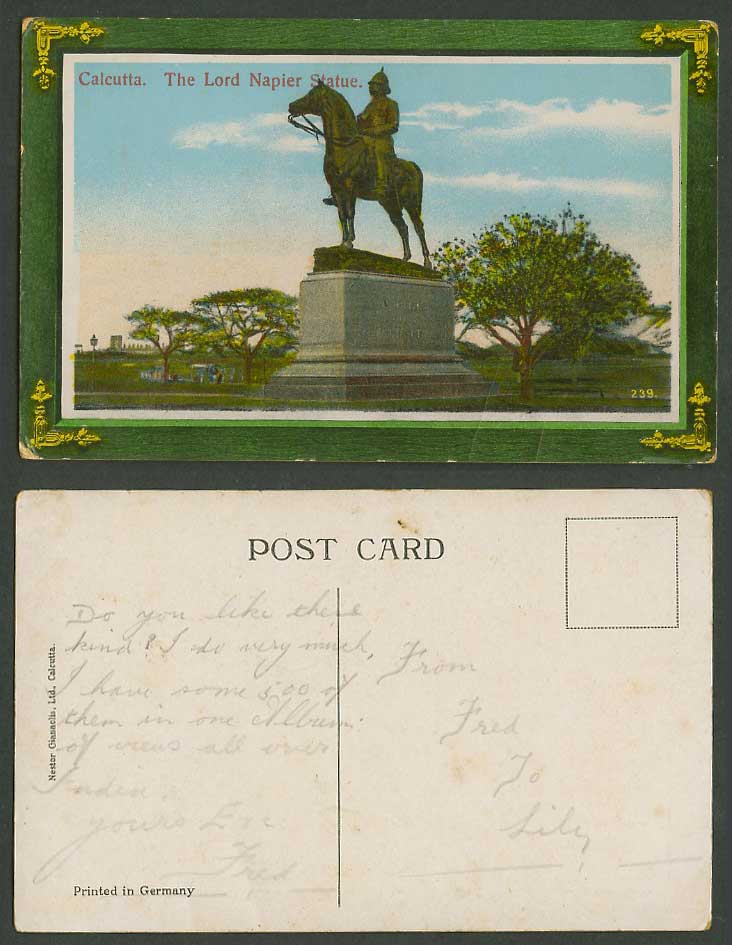 India Old Postcard The Lord Napier Statue Calcutta Horse Rider Monument Memorial