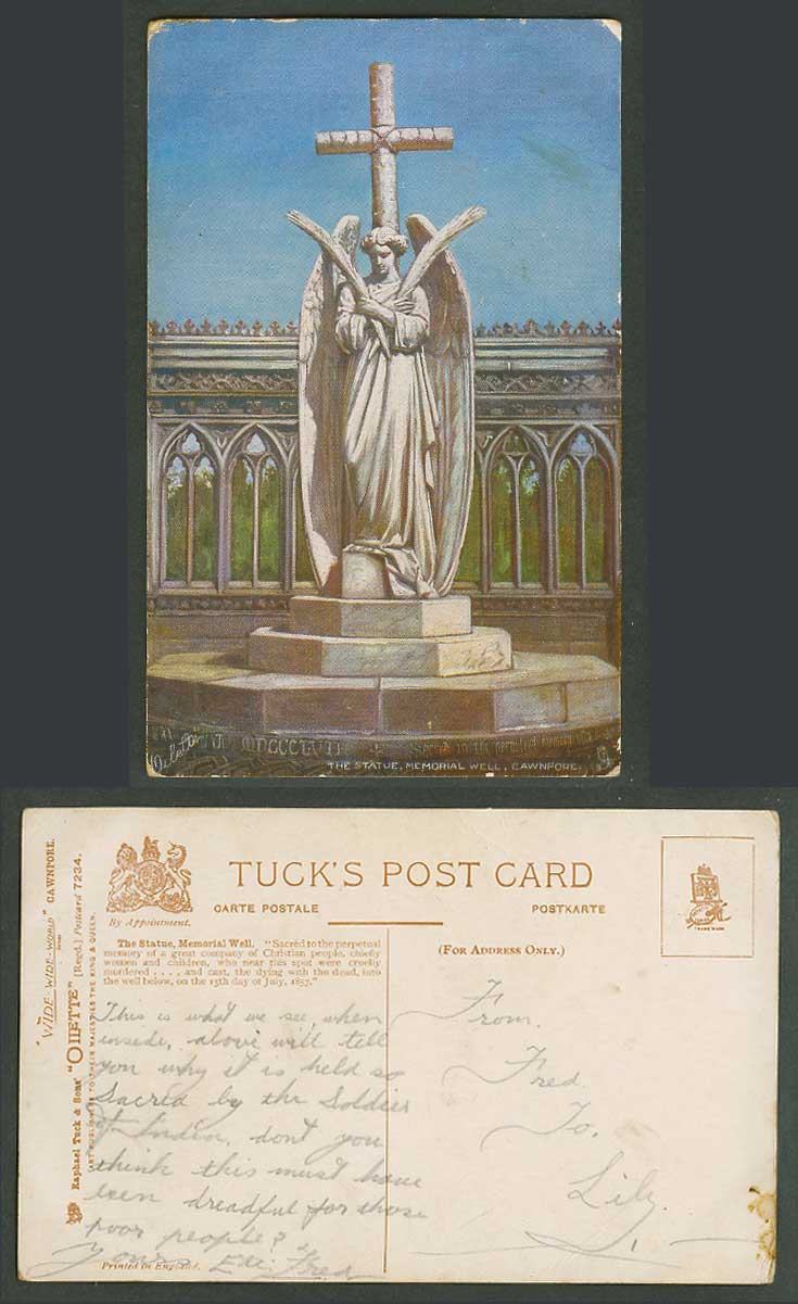 India Old Tuck's Oilette Postcard Statue Memorial Well, Cawnpore Angel and Cross