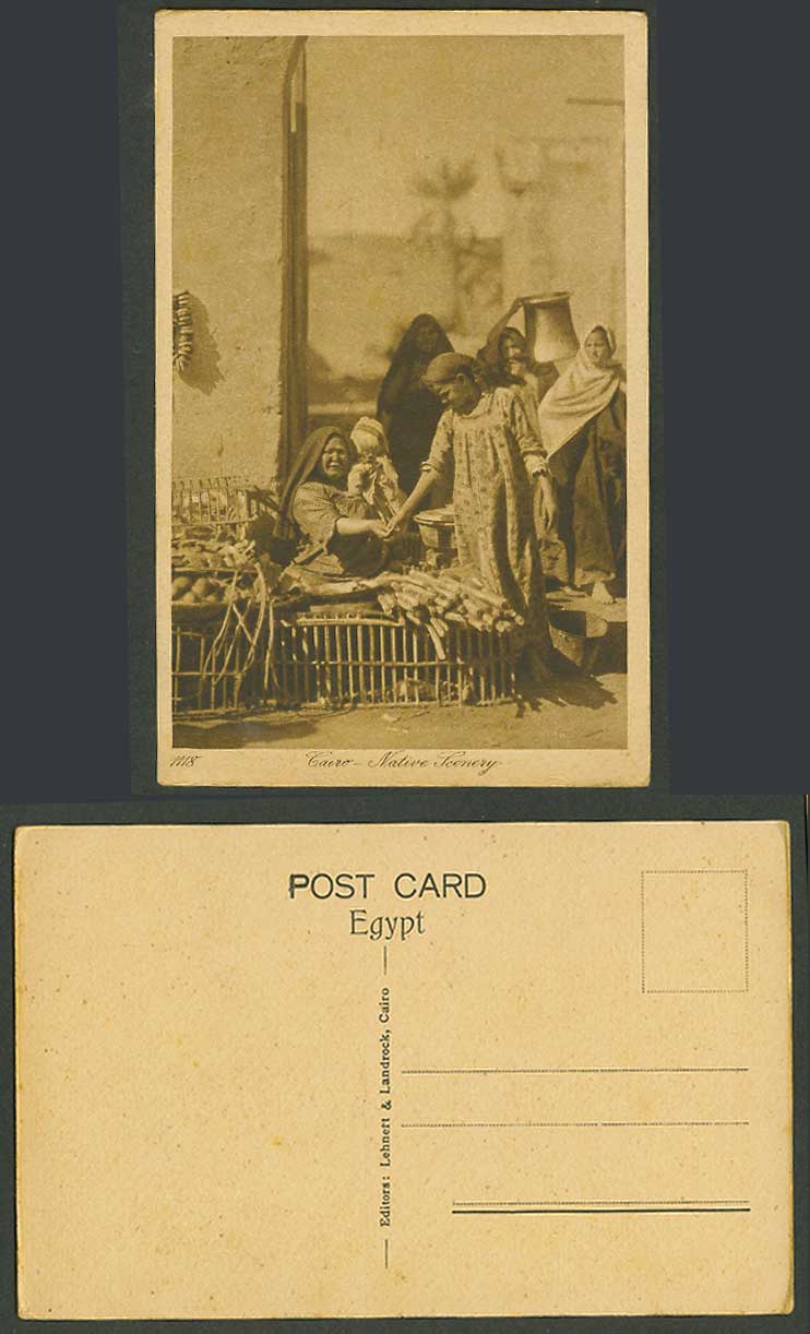 Egypt Old Postcard Cairo Native Scenery Roadside Seller Vendor Women Little Girl