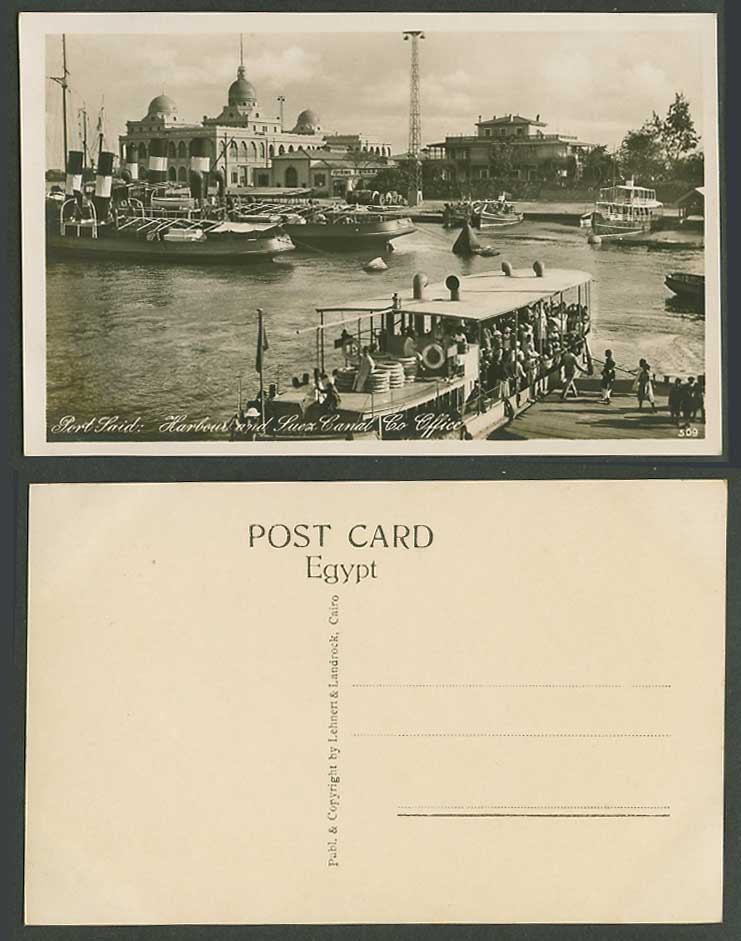 Egypt Old Real Photo Postcard Port Said Harbour Suez Canal Co Office Boats Ships