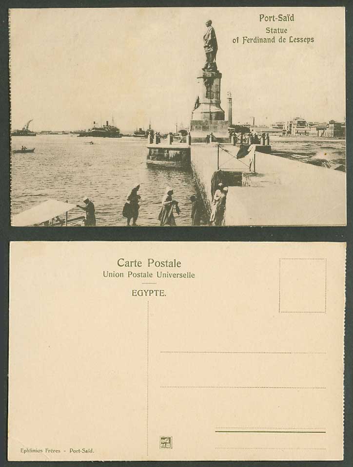 Egypt Old Postcard Port Said Statue of Ferdinand de Lesseps, Suez Canal Engineer