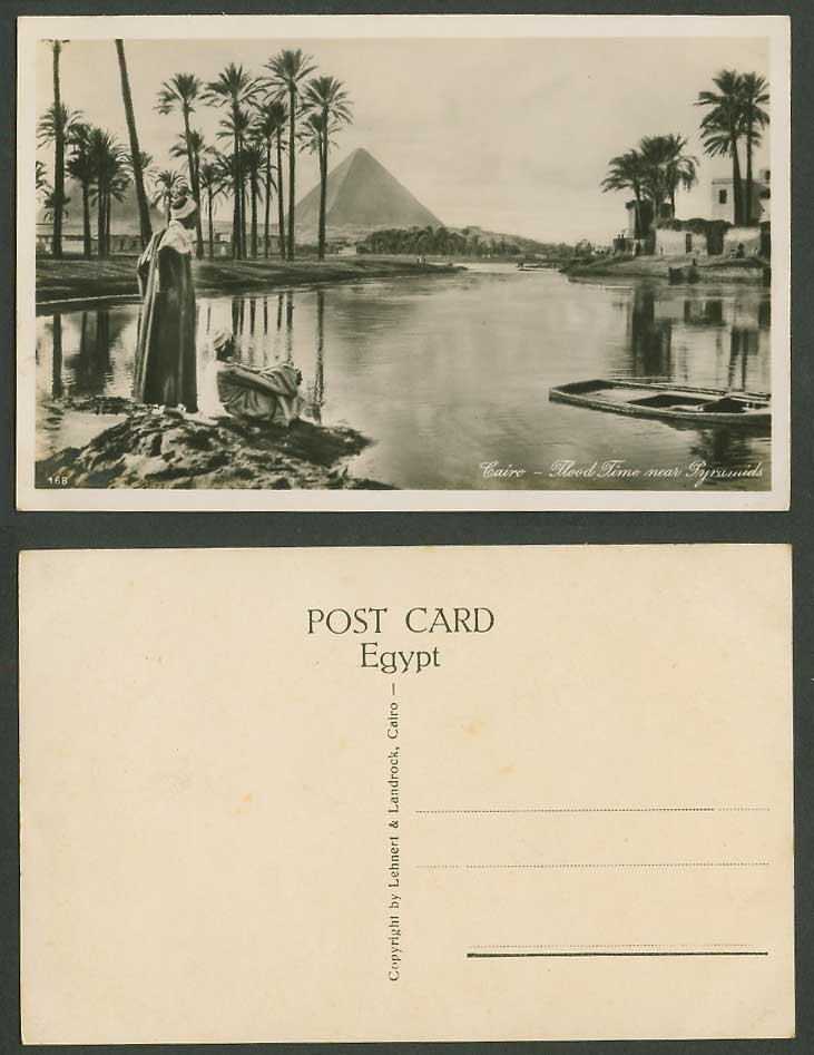 Egypt Old Real Photo Postcard Cairo Flood Time near Pyramids Giza Boat Palm Tree