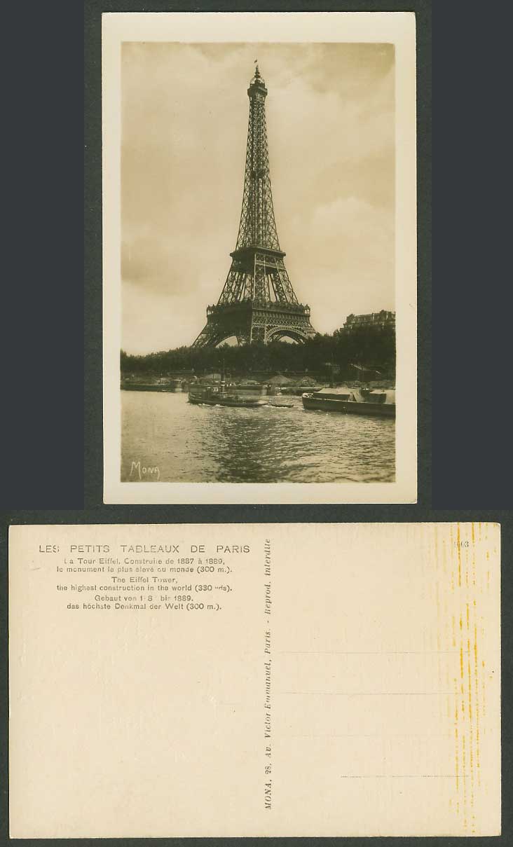 France Paris Old Real Photo Postcard LA TOUR EIFFEL TOWER Seine River Scene Boat
