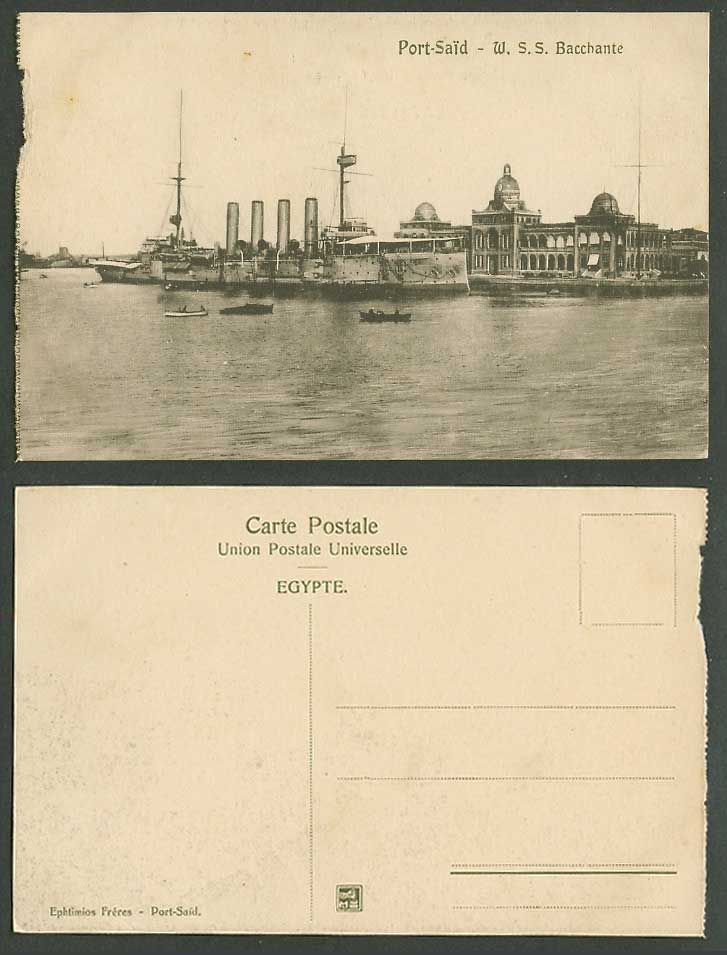 Egypt Old Postcard Port Said W.S.S. BACCHANTE Warship Battleship Military Vessel