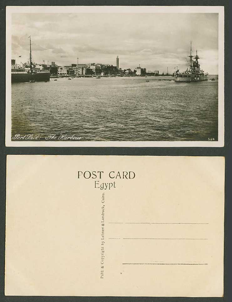 Egypt Old Real Photo Postcard Port Said Harbour, Warship, Battleship, Lighthouse