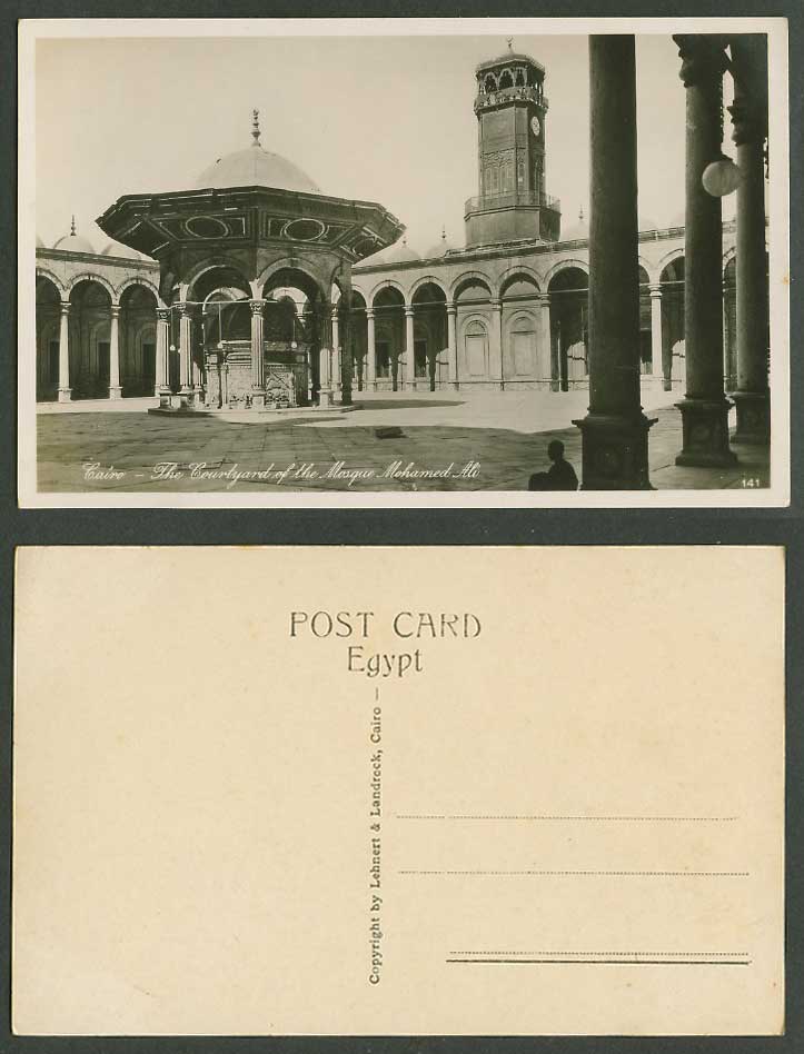 Egypt Old Real Photo Postcard Cairo Courtyard of Mosque Mohamed Ali, Clock Tower