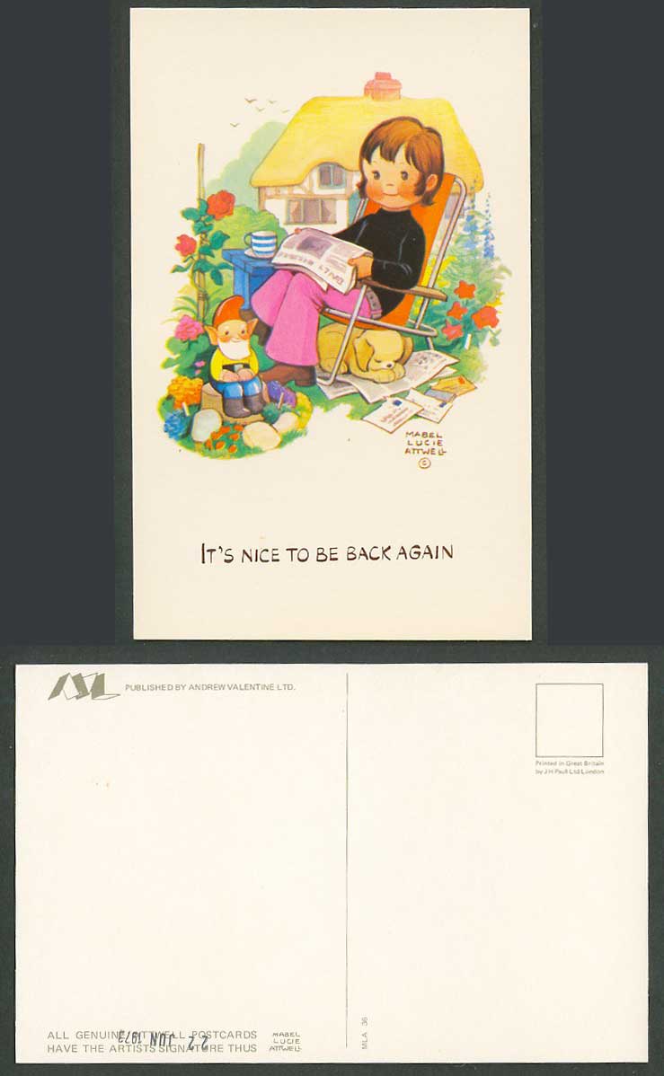 MABEL LUCIE ATTWELL 1973 Old Postcard Gnome Dog It's Nice to Be Back Again MLA36