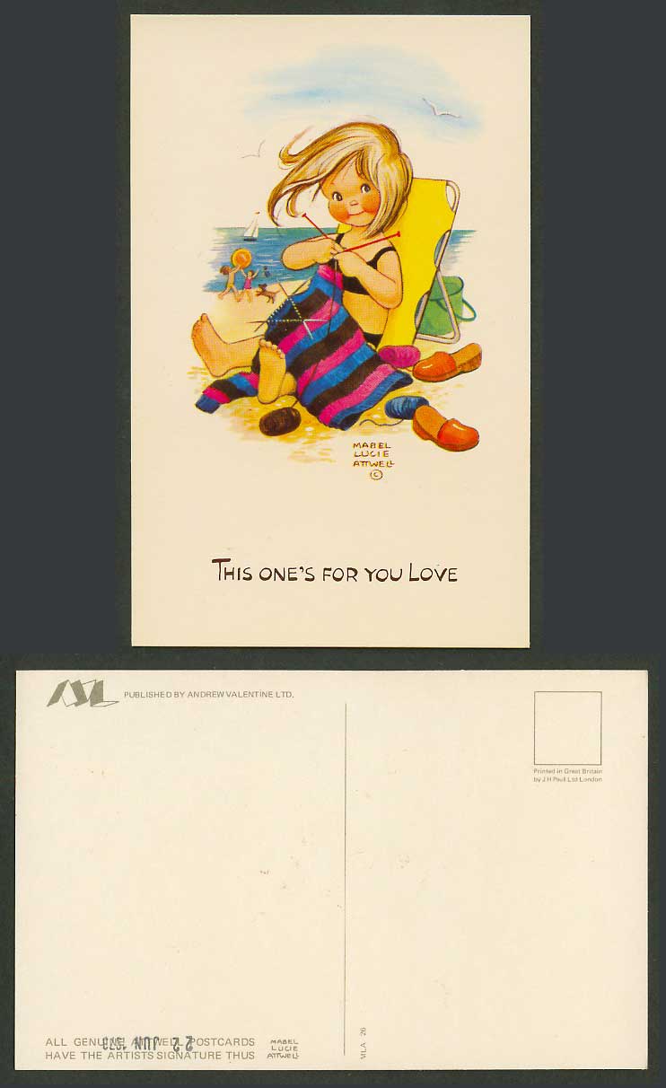 MABEL LUCIE ATTWELL 1973 Postcard Knitting, Beach This One's For You Love MLA 26