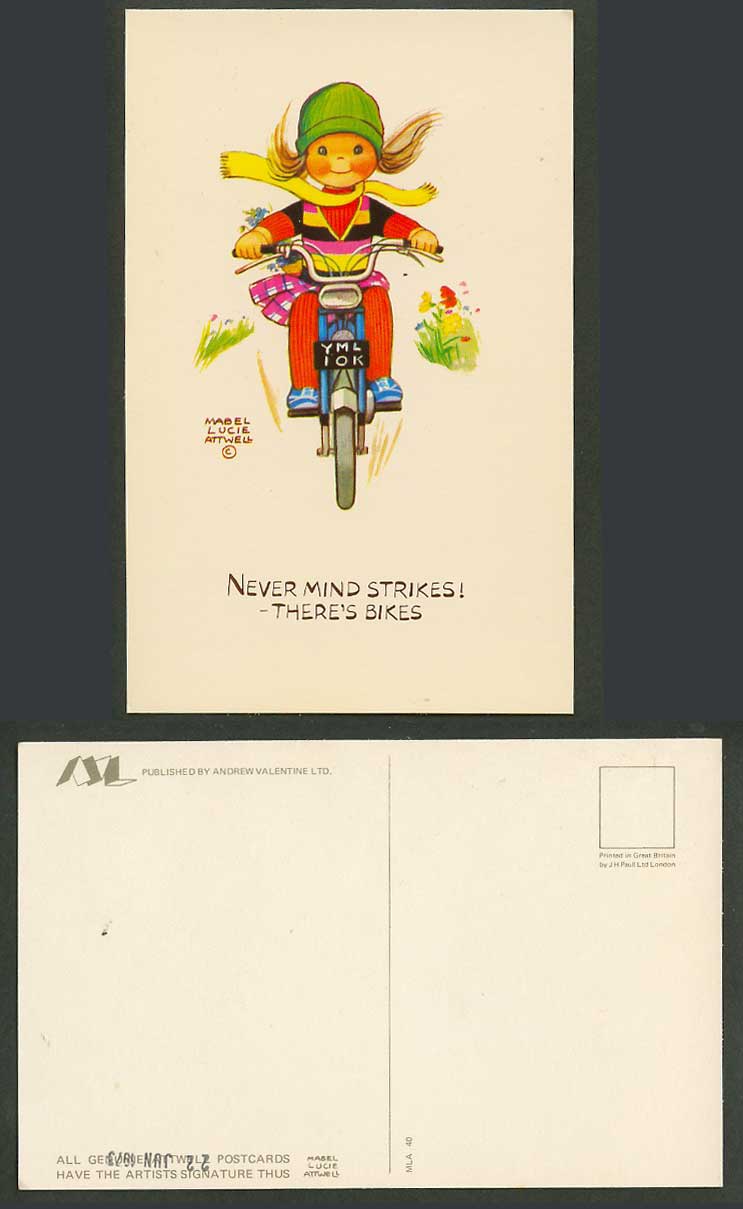 MABEL LUCIE ATTWELL 1973 Postcard Motorcycle Motorbike Never Mind Strikes MLA 40
