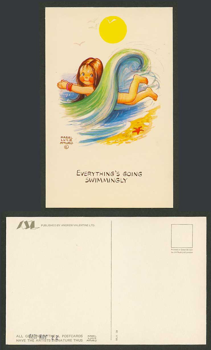 MABEL LUCIE ATTWELL 1973 Postcard Everything's Going Swimmingly, Swimming MLA 39