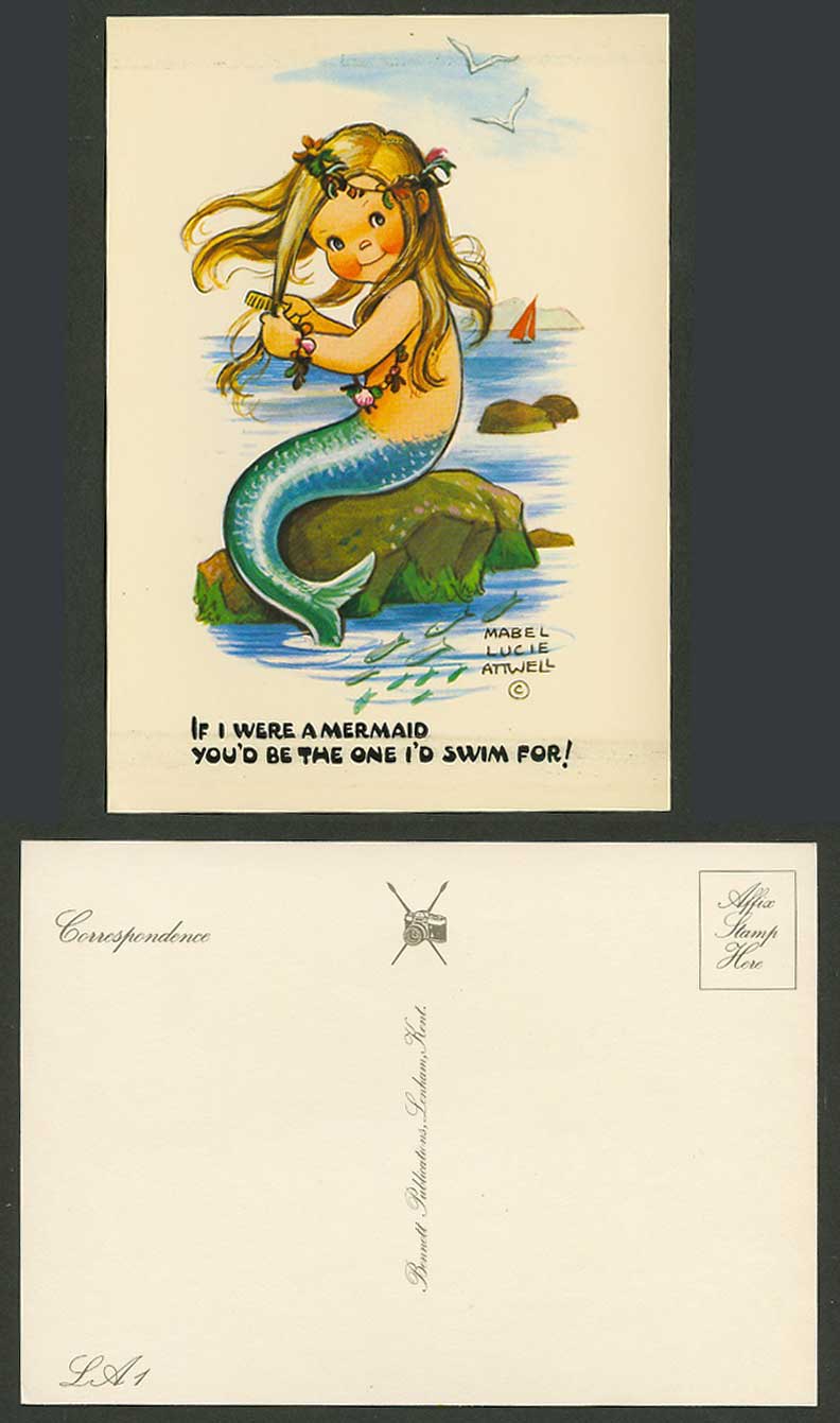 Mabel Lucie Attwell Old Postcard If I Were Mermaid I'd Swim For U Fish Rocks LA1