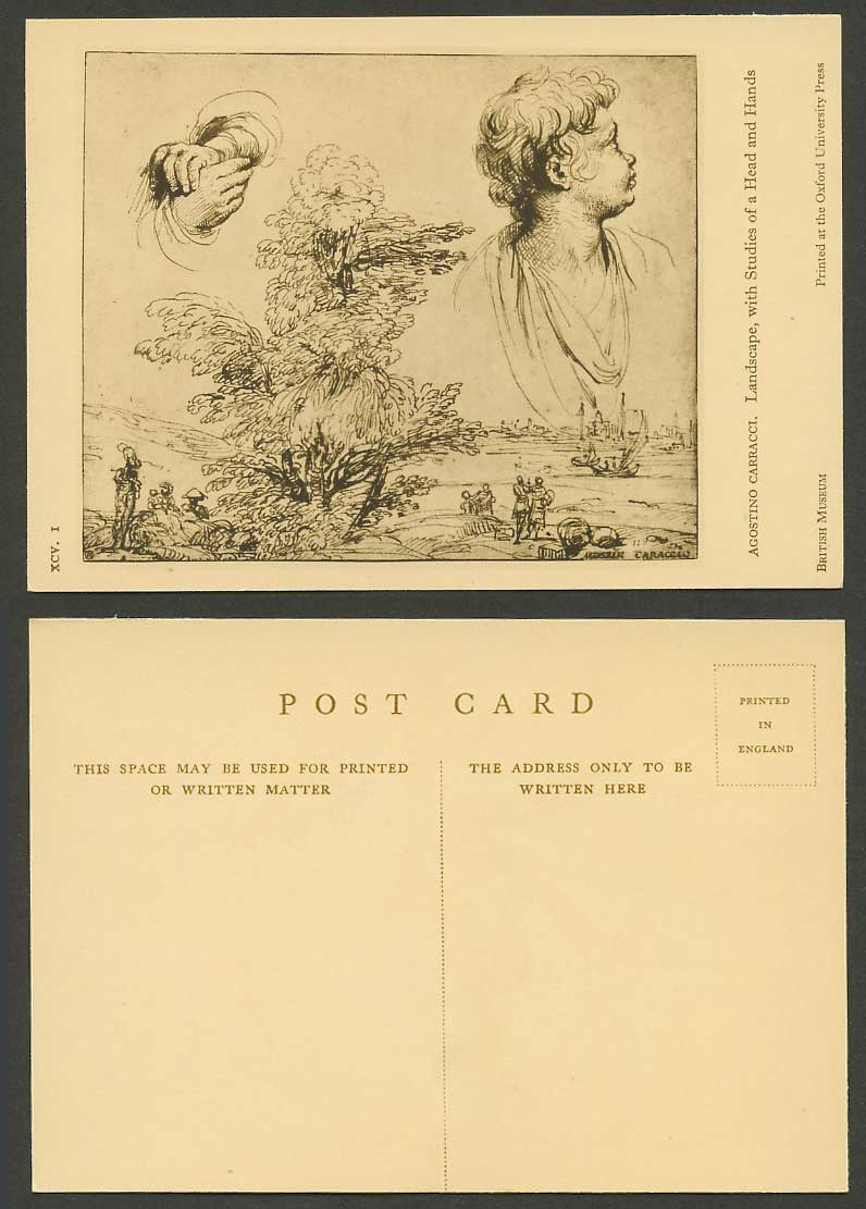 Agostino Garracci Landscape Studies of Head & Hands Italian Drawing Old Postcard