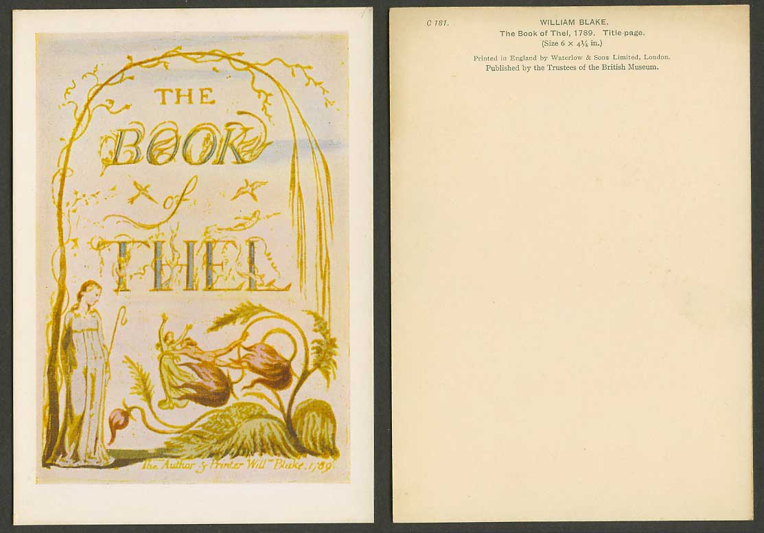 William Blake, The Book of Thel 1789, Title Page, Illustrated Plate Old Postcard
