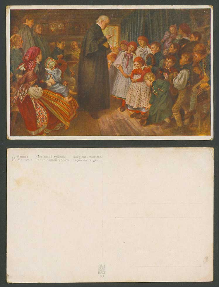 J. Manes Religionsunterricht Religious Instruction, Priest Children Old Postcard