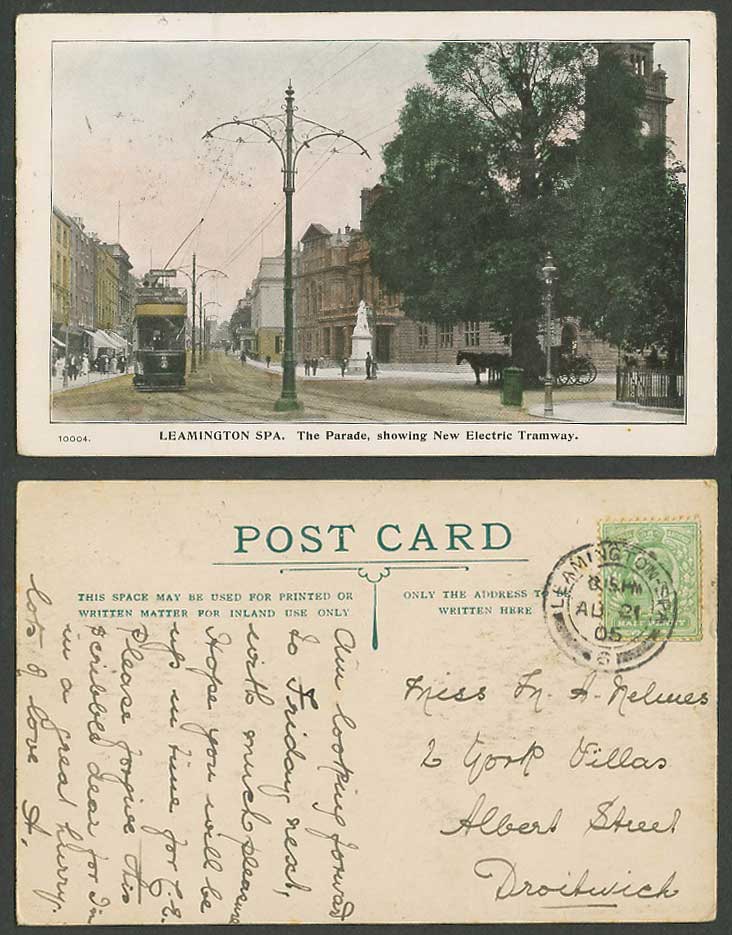 Leamington Spa 1905 Old Postcard The Parade, Electric Tramway TRAM, Street Scene