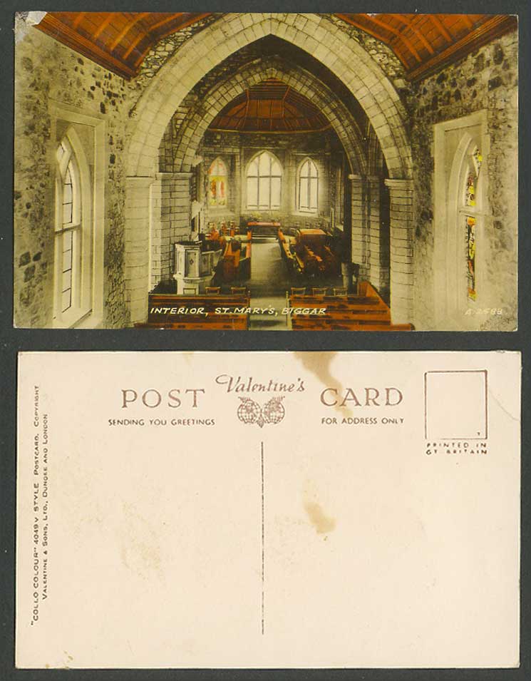 Biggar Kirk Interior of St. Mary's Church Scotland Old Colour Postcard Valentine