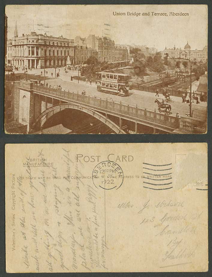 Aberdeen Union Bridge and Terrace, TRAM Tramway Horse Railroad 1922 Old Postcard
