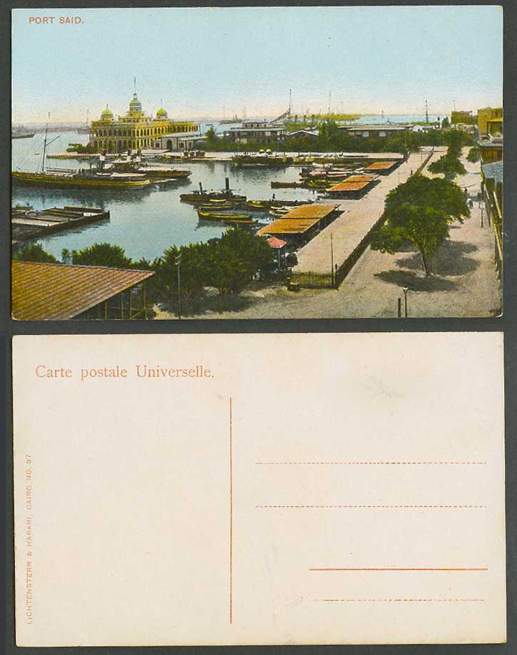 Egypt Old Postcard Port Said Suez Canal Company Offices Ship Boat Harbour Street