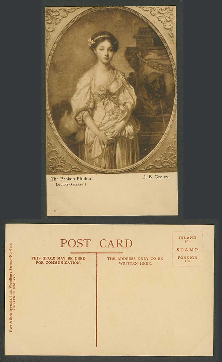 The Broken Pitcher La Cruche Cassee, by Jean Baptiste Greuze Artist Old Postcard