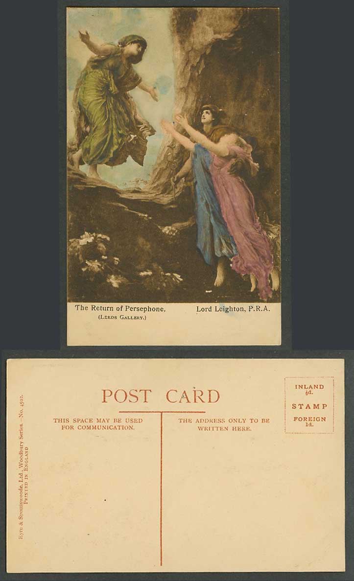 The Return of Persephone Leeds Gallery Lord Leighton PRA Old Tinted ART Postcard