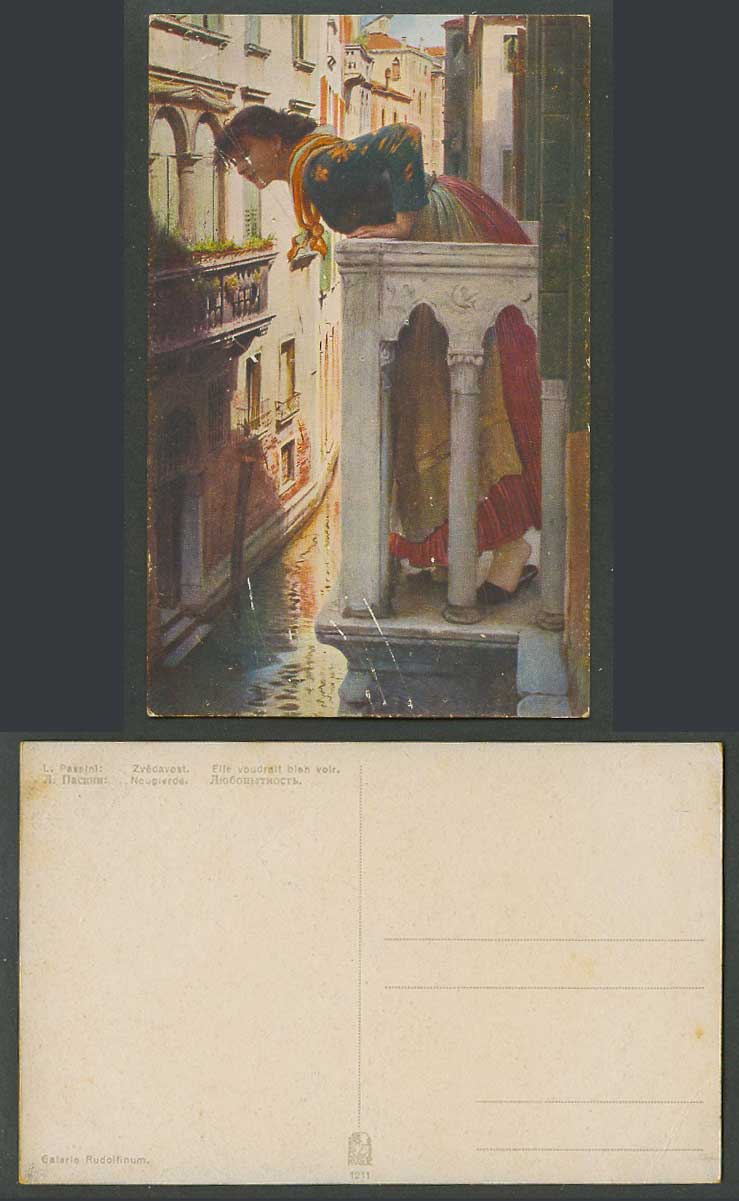 L. Passini, Woman Lady at Balcony, River Street, Galerie Rudolfinum Old Postcard