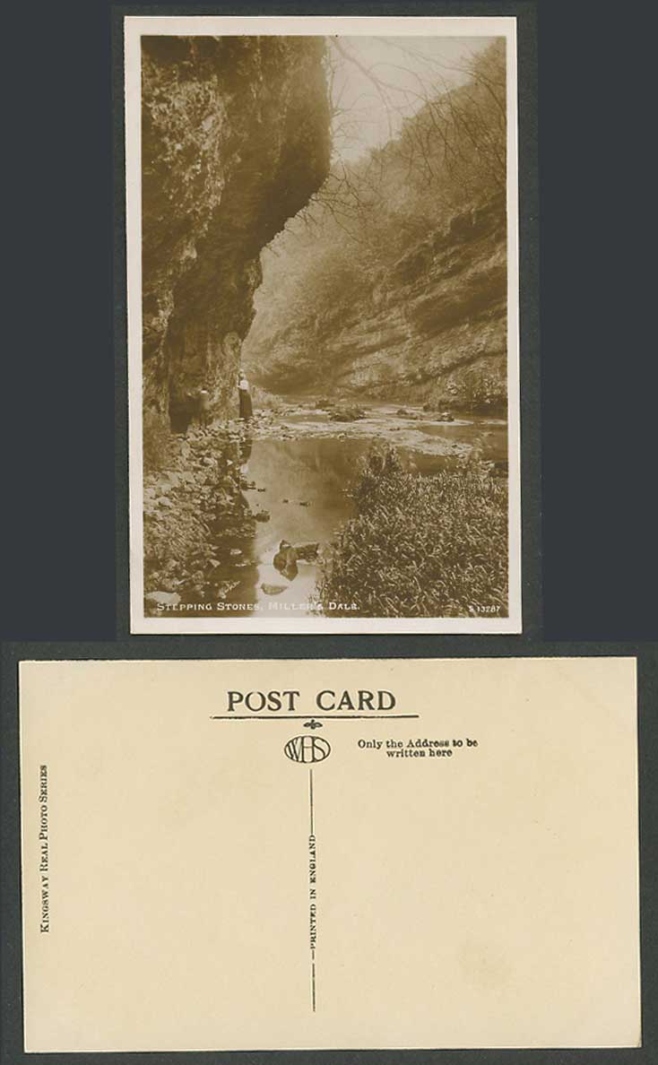 Miller's Dale River Scene Stepping Stones Boy Derbyshire Old Real Photo Postcard