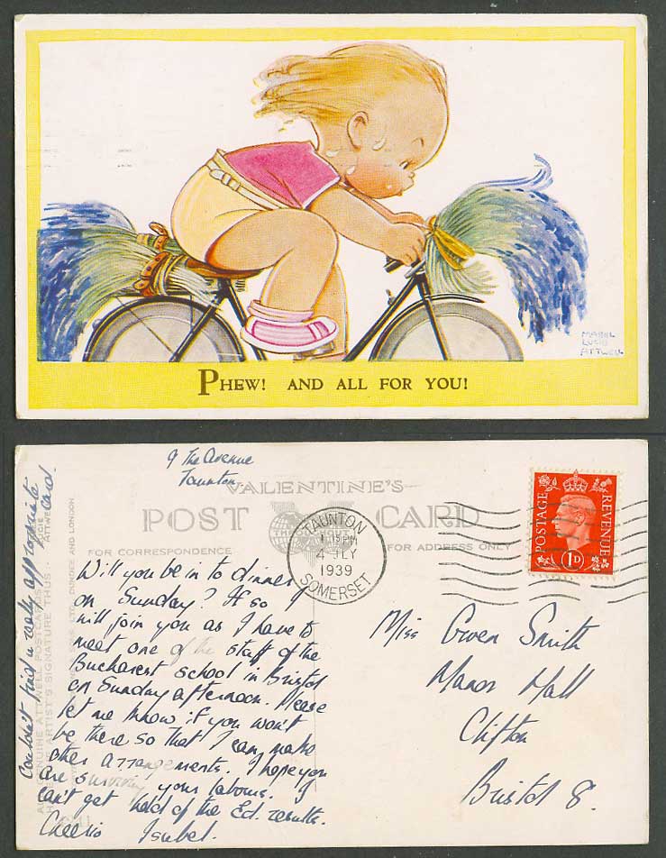 MABEL LUCIE ATTWELL 1939 Old Postcard Bicycle Cycling Phew! And All For You 4241