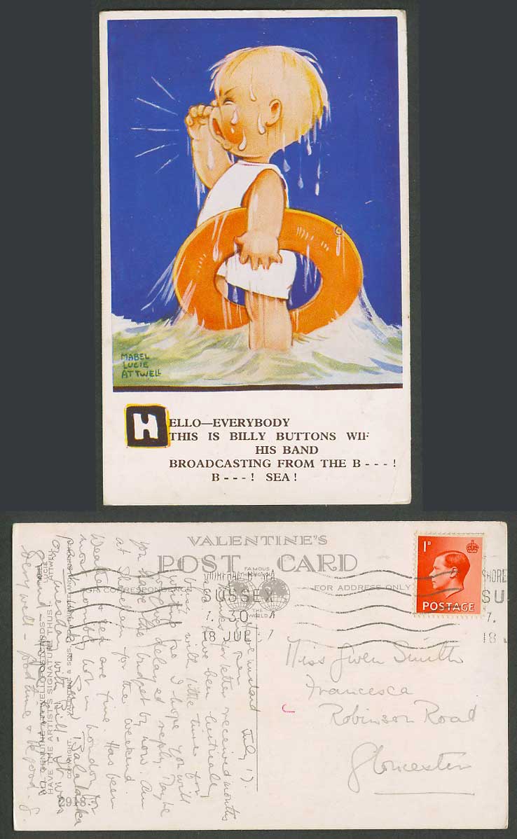 MABEL LUCIE ATTWELL 1937 Old Postcard Billy Buttons Broadcasting from B Sea 2918