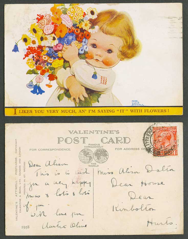 MABEL LUCIE ATTWELL 1931 Old Postcard I Like You V Much Say it with Flowers 1958
